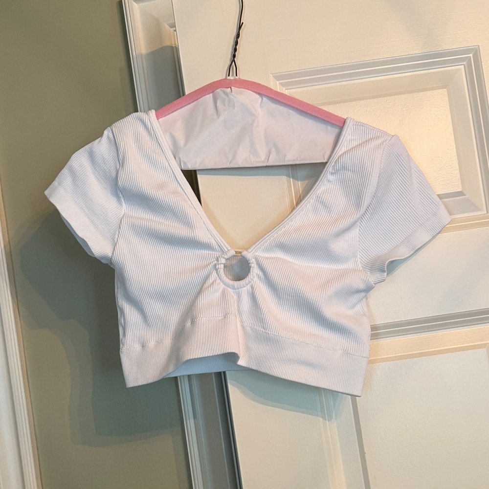 Aerie White Ribbed Crop Top with Ring Accent